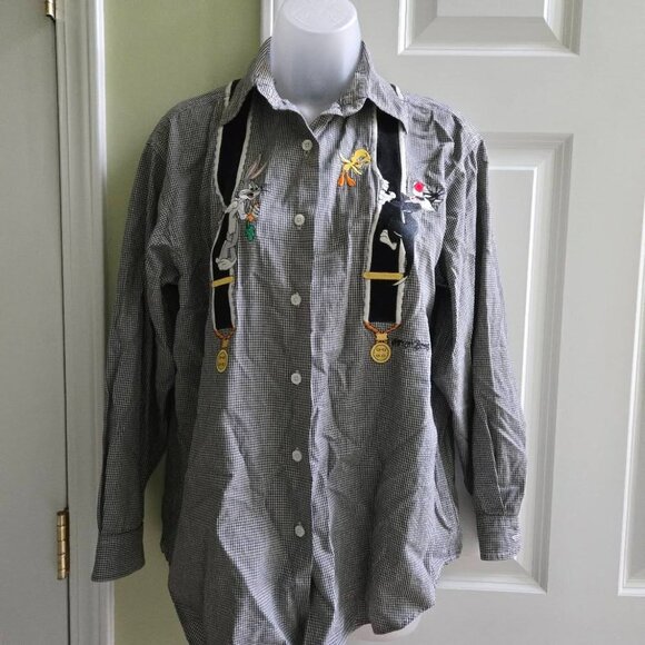 Vintage Warner Bros Looney Tunes Plaid Embroidered Suspenders Button Down Top - Picture 2 of 11